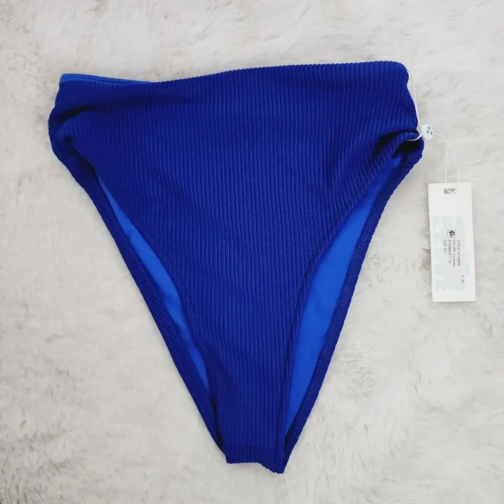 Frankie’s Bikinis Jenna High Waisted Bikini Bottom Cerulean Blue Ribbed Size XS
